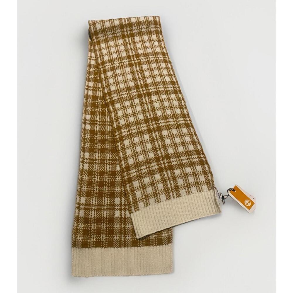 Timberland NEW Cream & Wheat Tan Buffalo Plaid Sweater Knit Scarf 62x9.5" NWT